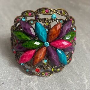 Jewel Flower Hinged Cuff Bracelet Multi-Colored Resin Stones Crystal Rhinestones